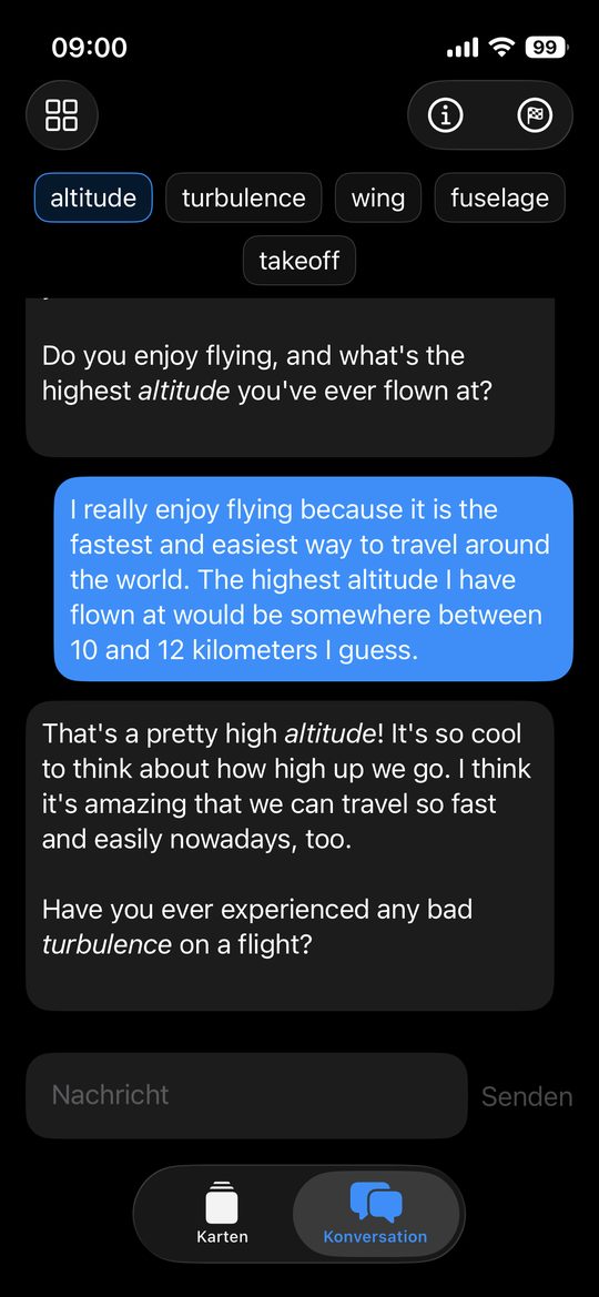 Vocardo Konversationsansicht im Dark Mode